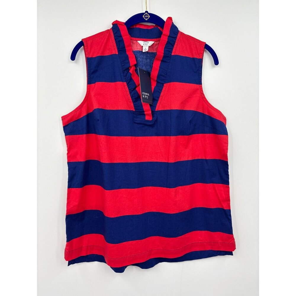 Crown & Ivy Ruffle Neck Sleeveless Striped Top Blouse Red Navy Large NEW